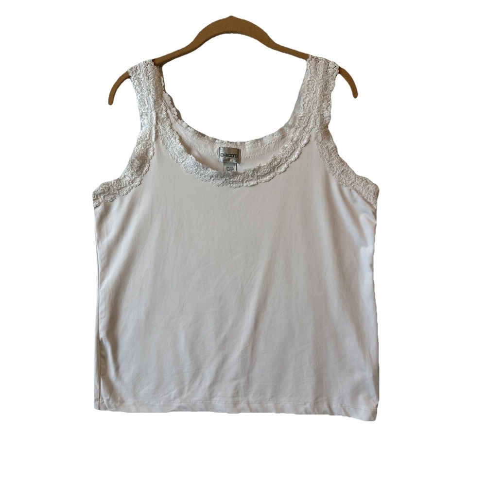 Chico's White Lace Trim Soft Nylon Stretch Sleeveless Tank Top 2, US L Luxury